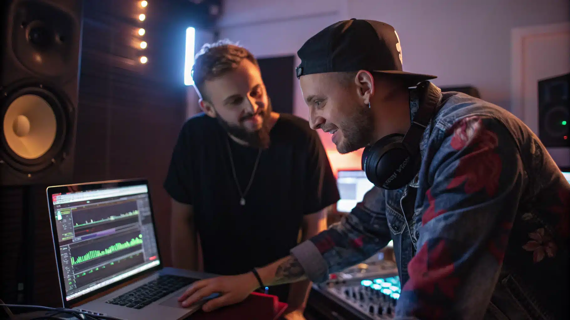 Un DJ échangeant avec un client devant un ordinateur avec une playlist en cours de création.